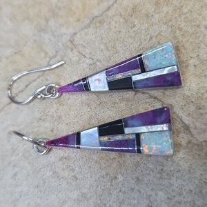 925 Sterling Silver Earrings Opal Turqouise Inlay Geometric Art